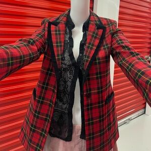 Maje Red Plaid Blazer with Black Velvet Trim